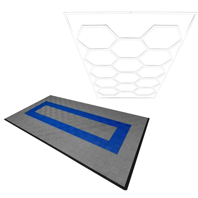 Single Hexagonal Led Light + 120-Piece Vented Garage Flooring Kit – Grey & Blue Tiles With Edge Pieces 1