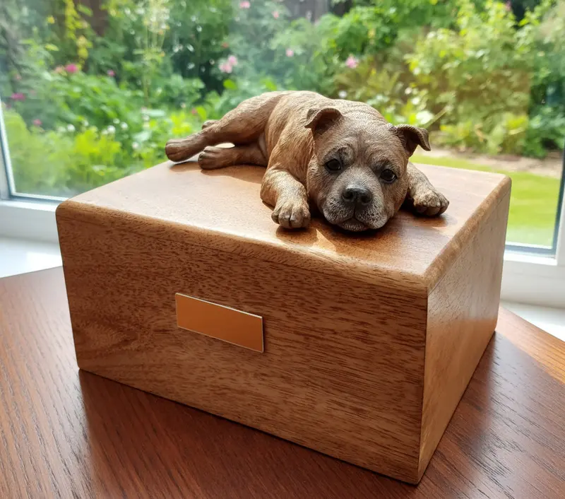 Staffordshire Bull Terrier-Themed Wooden Cremation Urn – Stylish Ashes Container 1