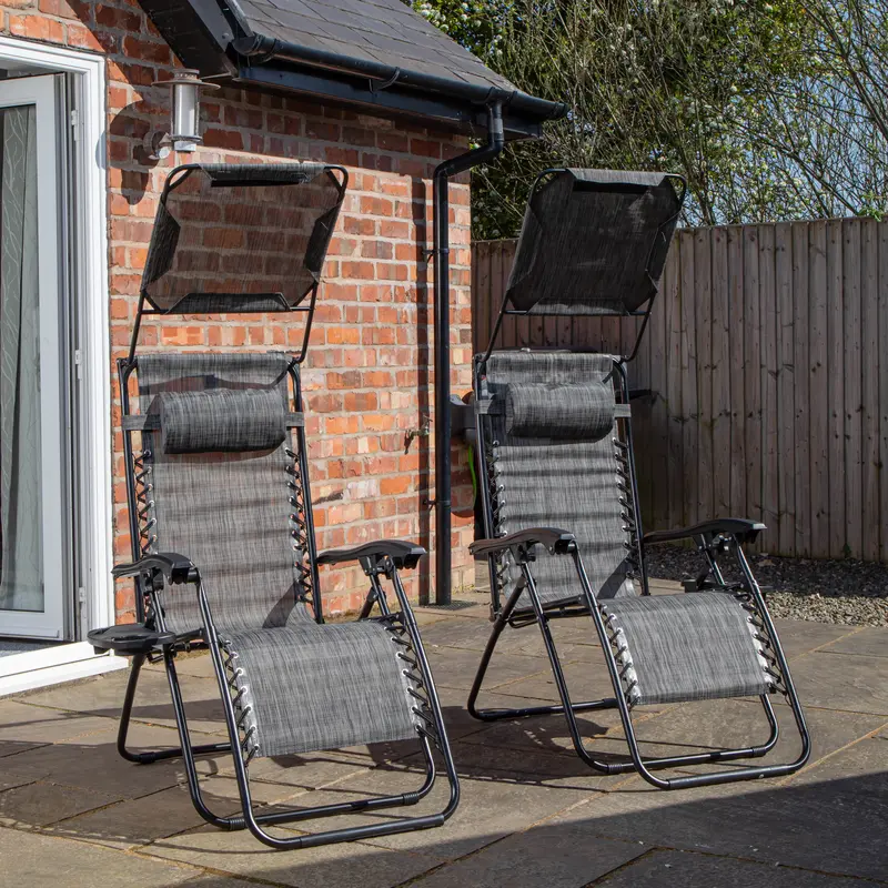 Two-Piece Adjustable Garden Lounger Set – Gravity-Reclining Sun Chairs With Canopy (Grey) 1
