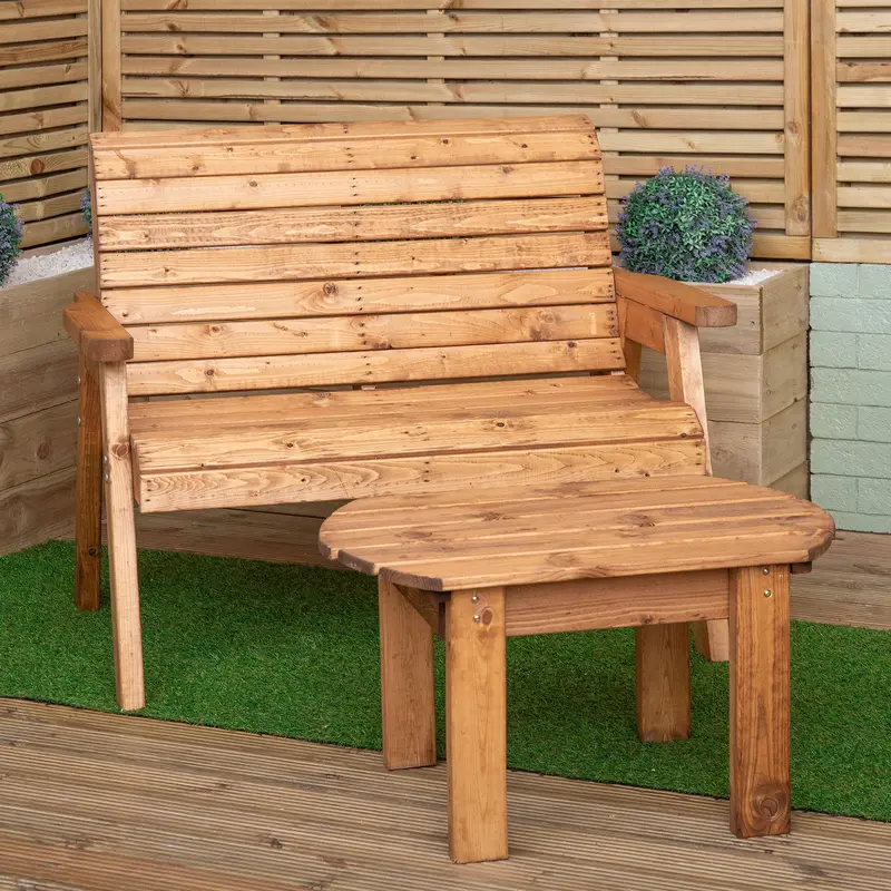 Two-Seater Garden Bench Set – Rustic Wood Bench + Coffee Table 1