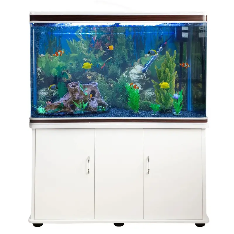 White Aquarium Starter System With Vibrant Blue Gravel And Cabinet 1