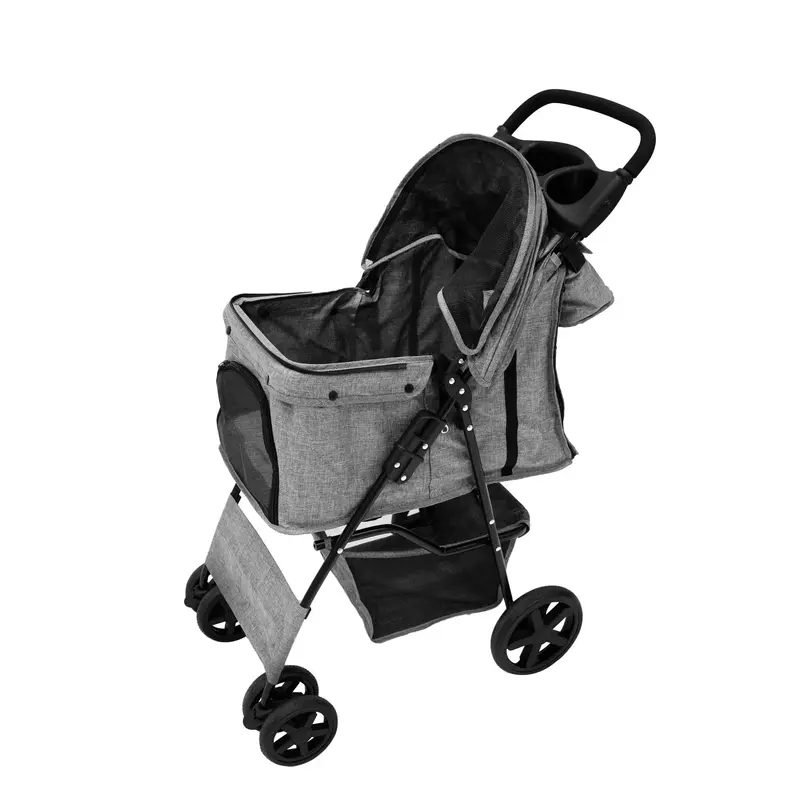 Woven Grey Pet Stroller With All-Weather Rain Cover And Storage Caddy 1