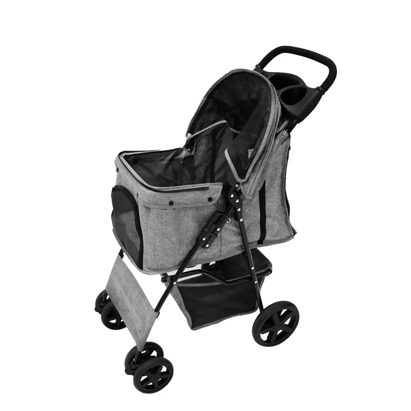 Woven Grey Pet Stroller With Durable All-Season Rain Cover 1