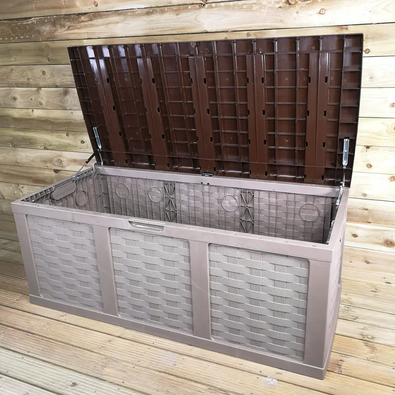 Xxl 634L Rattan-Effect Garden Storage Box With Seating Lid – Brown Finish 1
