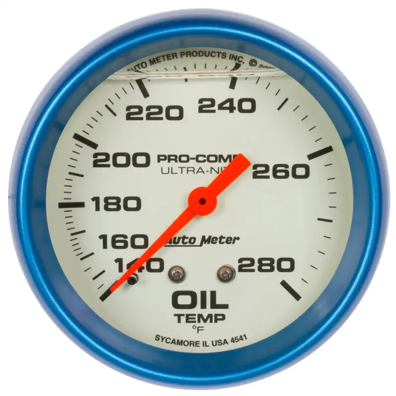 Autometer Ultra-Nite Oil Temperature Gauge – 2-5/8-Inch Liquid-Filled, Glow-In-The-Dark Dial, 140–280°F Range 1