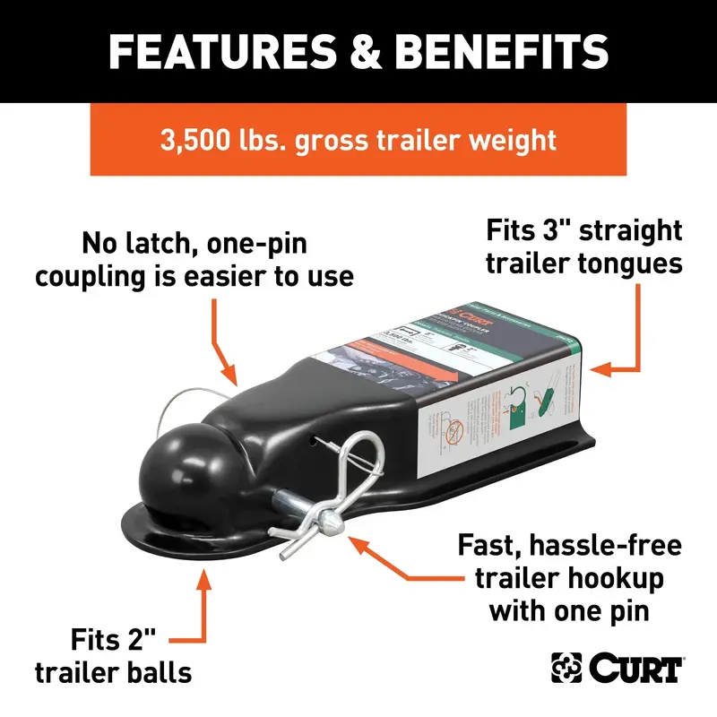 Curt Quickpin No-Latch Trailer Coupler – 3,500 Lb Capacity, 3-Channel Design (25472) 1