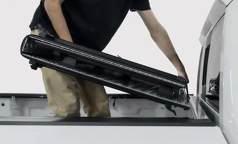 Lomax B5020059 Tri-Fold Hard Tonneau Cover – Carbon Fiber Look, Single-Rail Mounting 1